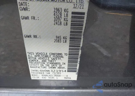 2022 Nissan Altima Sv Fwd from USA, damaged, VIN 1N4BL4DV0NN321954